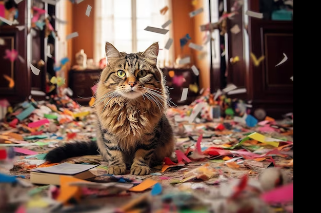 messy room with cat
